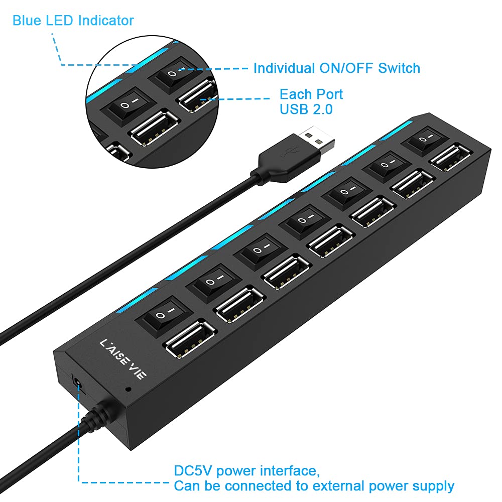 Multi Port USB Splitter, 7 Port USB 2.0 Hub, USB A Port Data Hub with Independent On/Off Switch and LED Indicators, Lights for Laptop, PC, Computer, Mobile HDD, Flash Drive and More (Black 2.0) - Safqqa Egypt