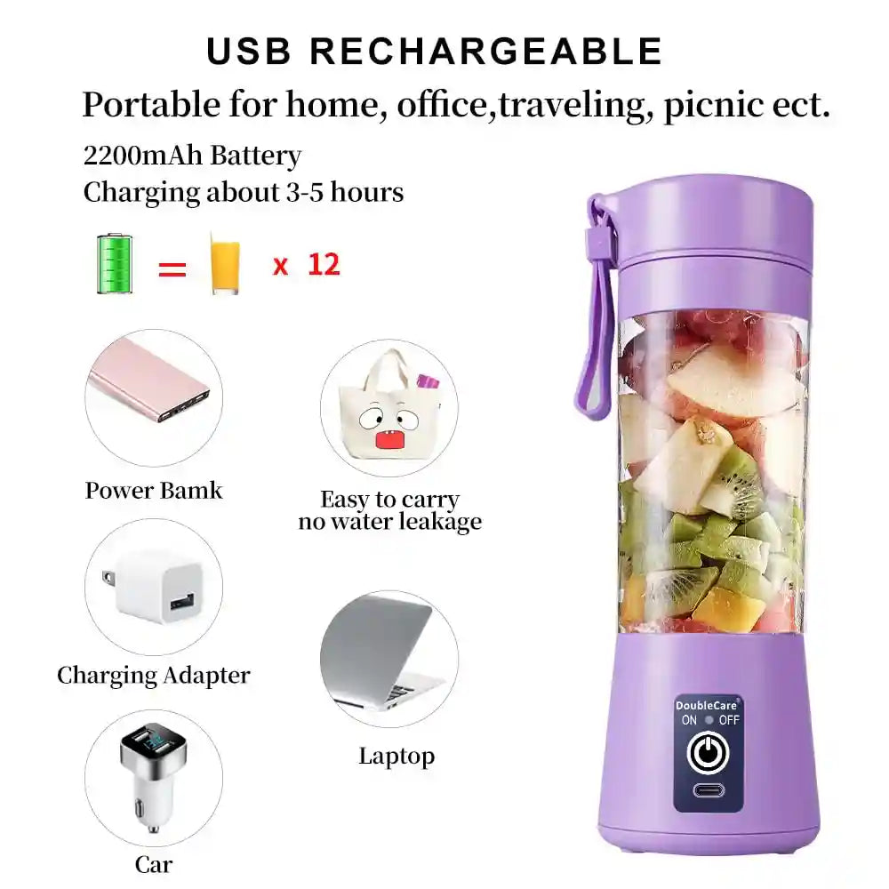 كوب خلاط كهربائي محمول بمنفذ USB صغير مع ستة شفرات رائعة للمزج والمخفوقات وعصائر السموذي سعة 380 مل لون ارجواني فاتح من دبل كير 2000 واط واط.