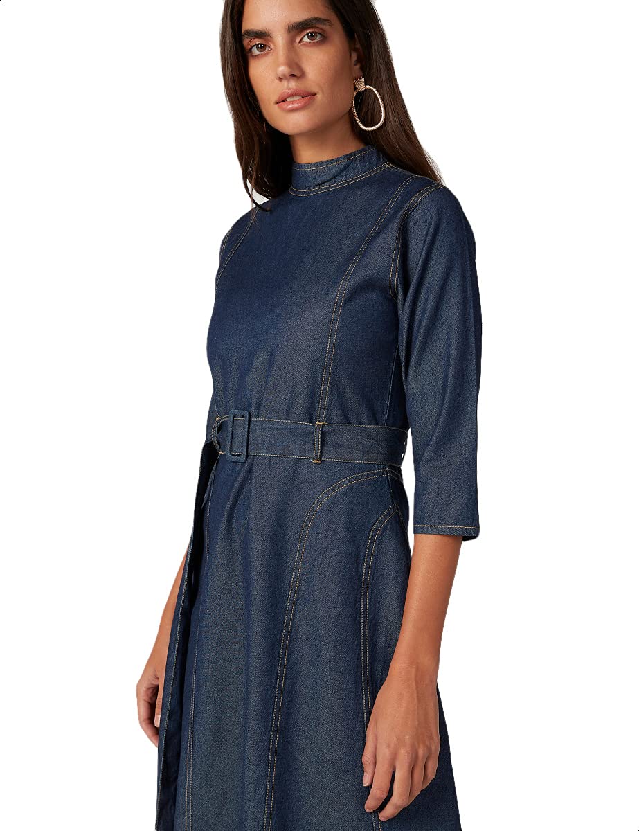 Splash Plain Waist Belt Three Quarter High Neck Denim Dress for Women M