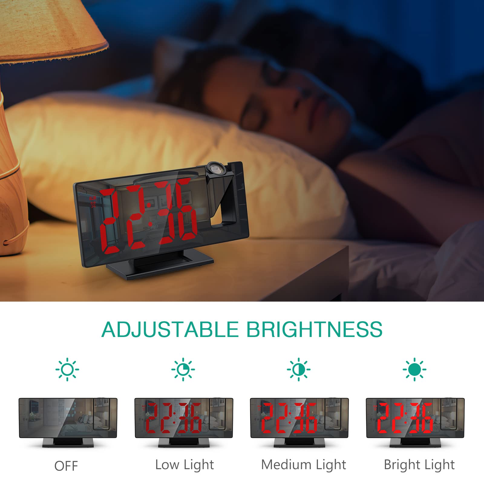 منبه عرض ORIA، أحدث منبه إلكتروني LED، منبه مرآة لغرفة النوم، ساعة عرض رقمية على السقف والجدار مع شاشة كبيرة، درجة الحرارة، سطوع قابل للتعديل، غفوة