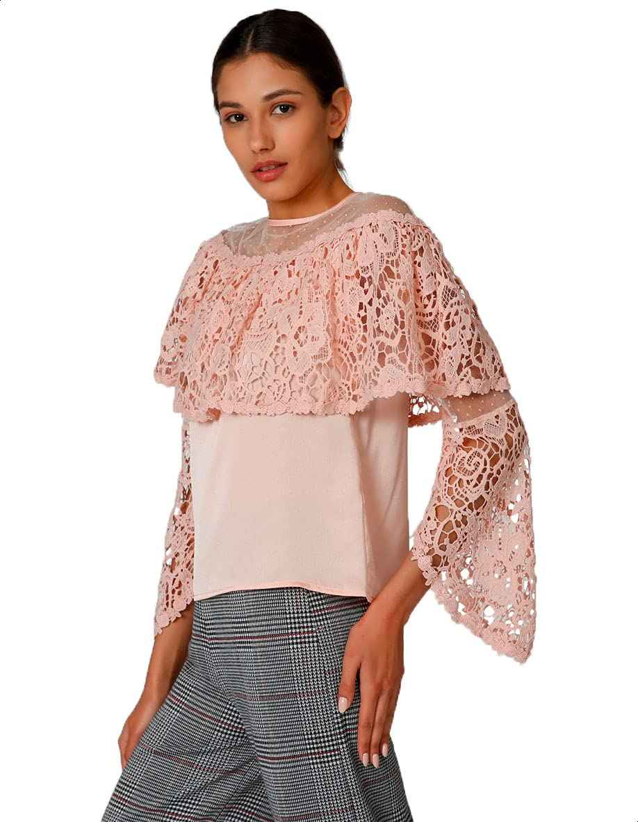 Splash Lace Detail Round Neck Sheer Bell Long SLeeves Blouse For Women - Safqqa Egypt