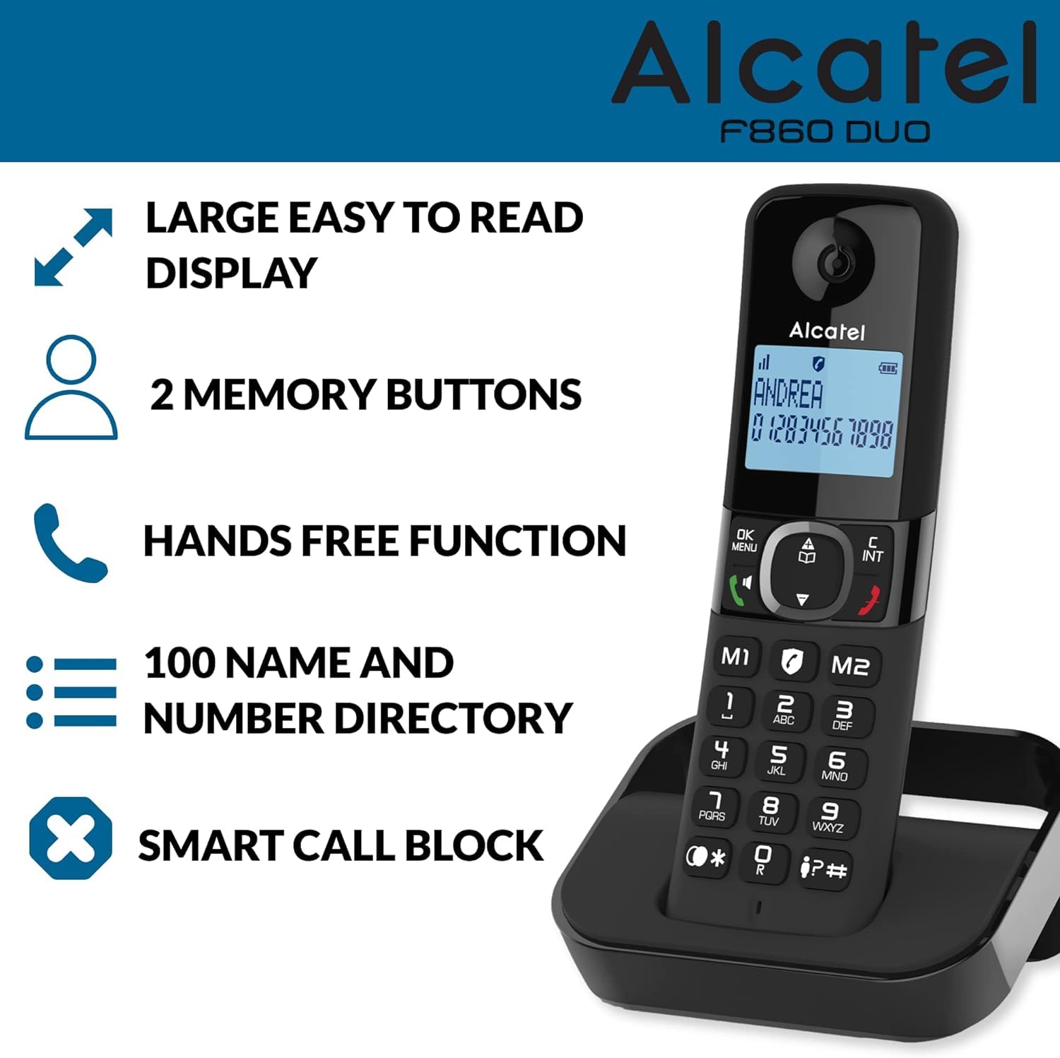 Alcatel F860 Duo Wireless Telephone/2 Headphones/Unwanted Call Block/Speakerphone/Illuminated Display/Caller ID/100 Digit Memory/Redial Button/Different Tones/Bell Intensity Control