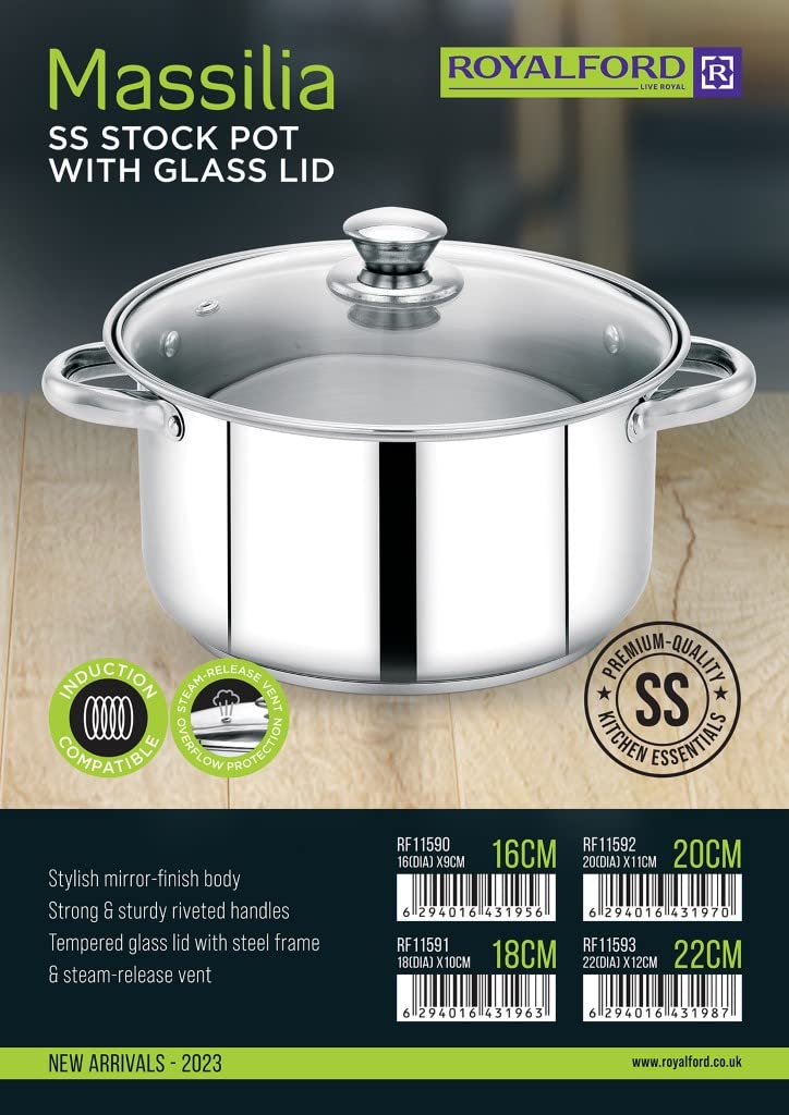Royalford Massilia Stainless Steel Stockpot with Glass Lid – 20 cm, RF11592 | Induction Compatible