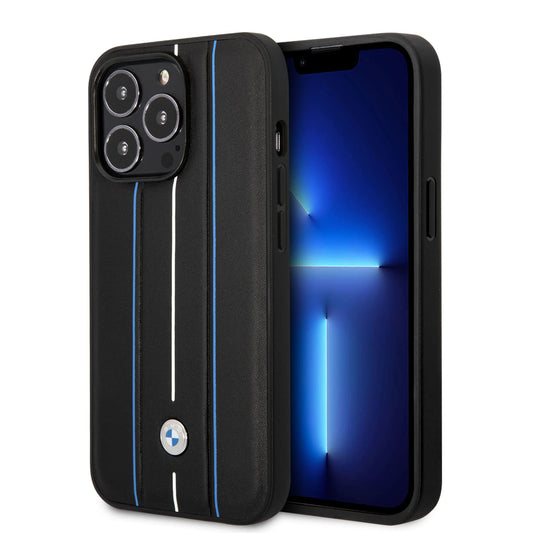 حافظة CG Mobile BMW iPhone 14 Pro max من مجموعة التوقيعات، باللون الأسود، خطوط مطبوعة ساخنة، جلد حقيقي، امتصاص الصدمات، سهلة التركيب، متينة، مع شعار التوقيع.