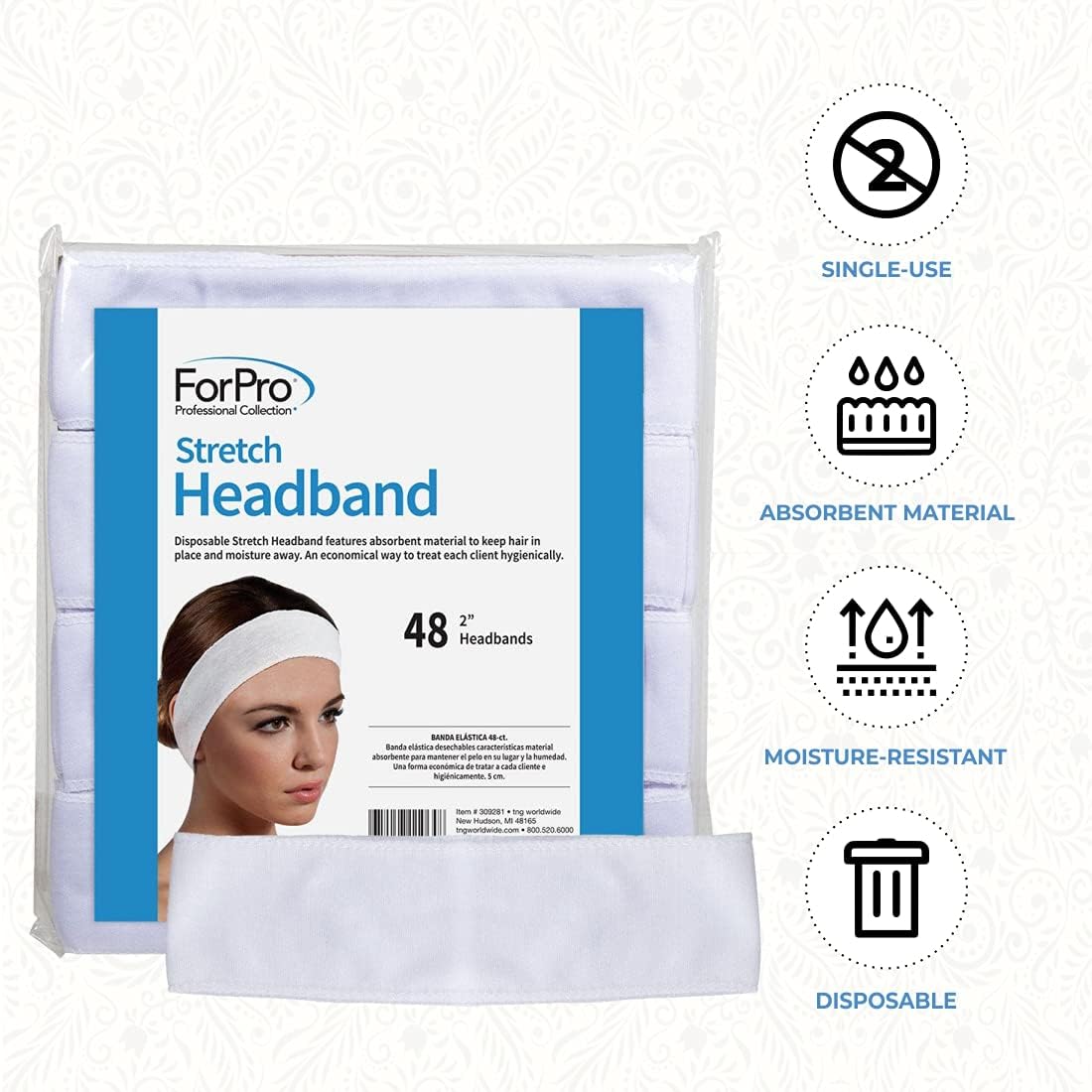 ForPro Stretch Headbands - Moisture Absorbent Disposable Spa Headbands -  48-Count