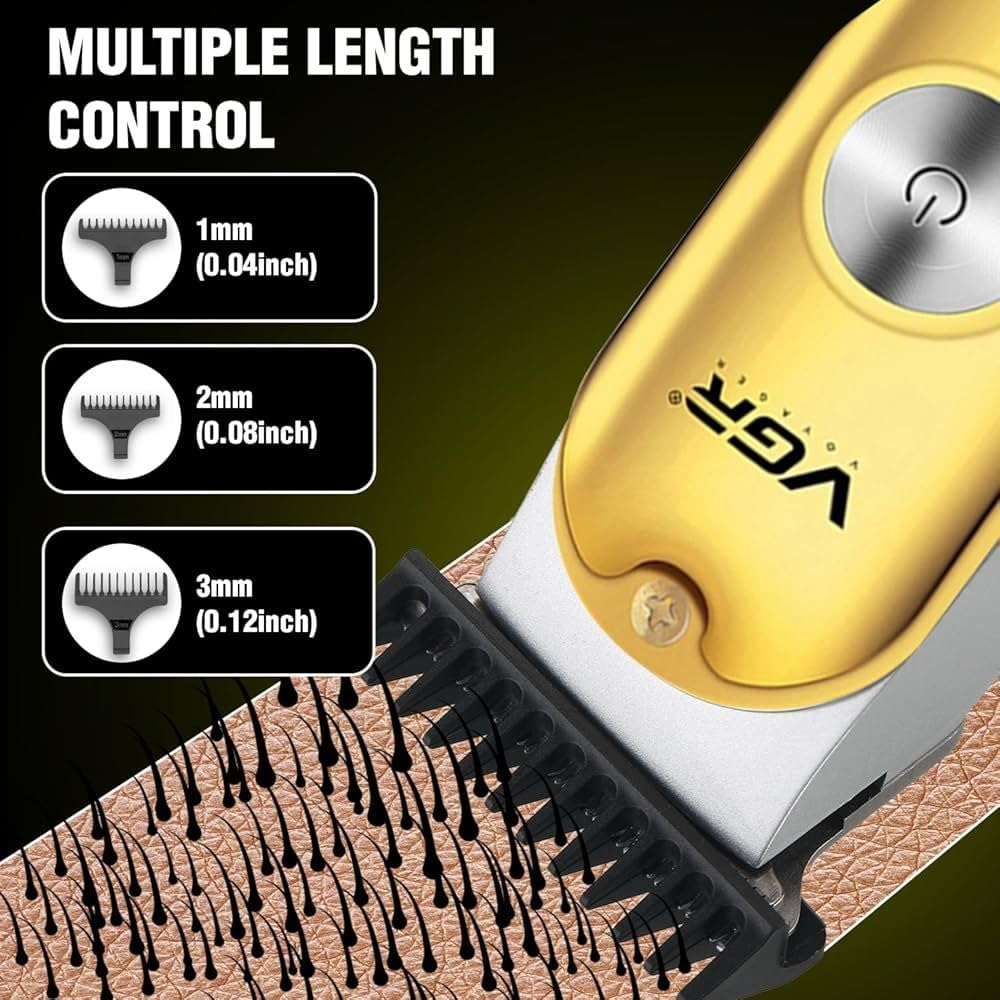 VGR Professional Hair Trimmer, Cordless T-Blade with Multiple Length Controls, USB Fast Charging, Gold