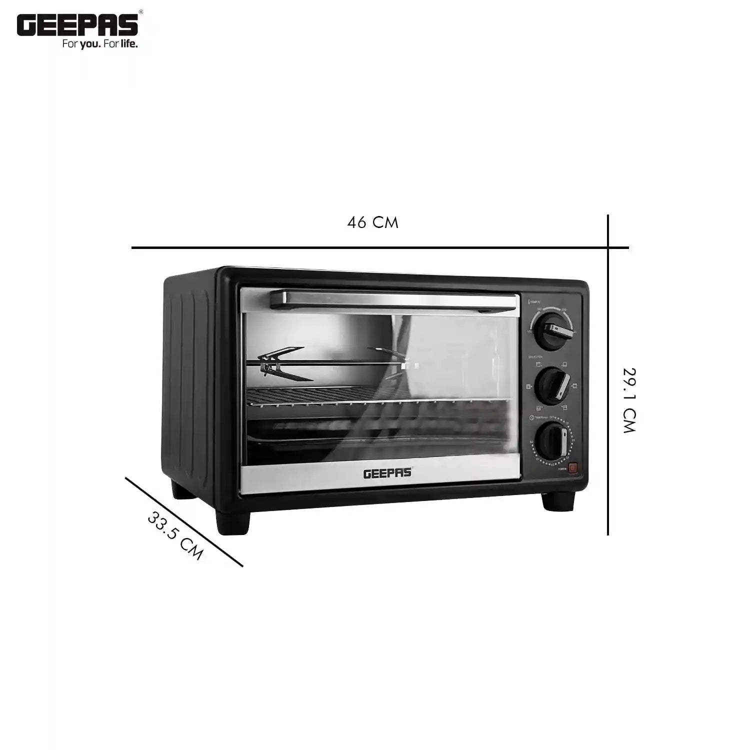 Geepas GO4464 25L Electric Oven With Rotisserie- 1600W power, 6 Stages Heating Selector-There is a hit at the top of the device. – Safqqa Egypt