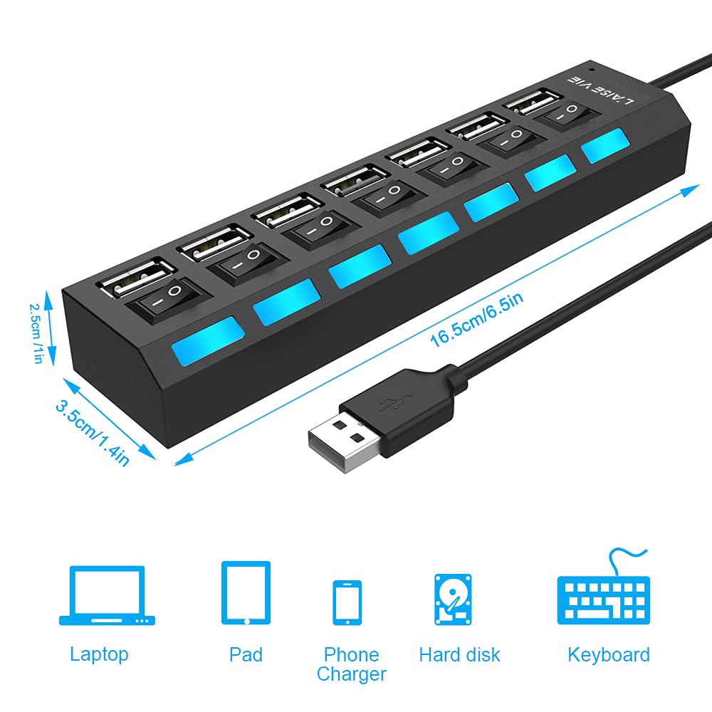 Multi Port USB Splitter, 7 Port USB 2.0 Hub, USB A Port Data Hub with Independent On/Off Switch and LED Indicators, Lights for Laptop, PC, Computer, Mobile HDD, Flash Drive and More (Black 2.0) - Safqqa Egypt