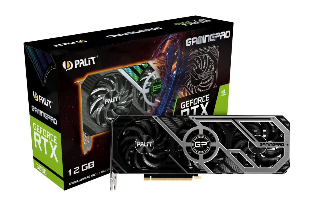 كرت الشاشة باليت جيفورس RTX 3080 جيمينغ برو. مزود بـ ذاكرة 12 جيجابايت GDDR6X و10240 نواة CUDA وسرعة تعزيز تصل إلى 1365 ميجاهرتز، يقدم هذا الكرت أداءً فائق السرعة ورسومات عالية الجودة