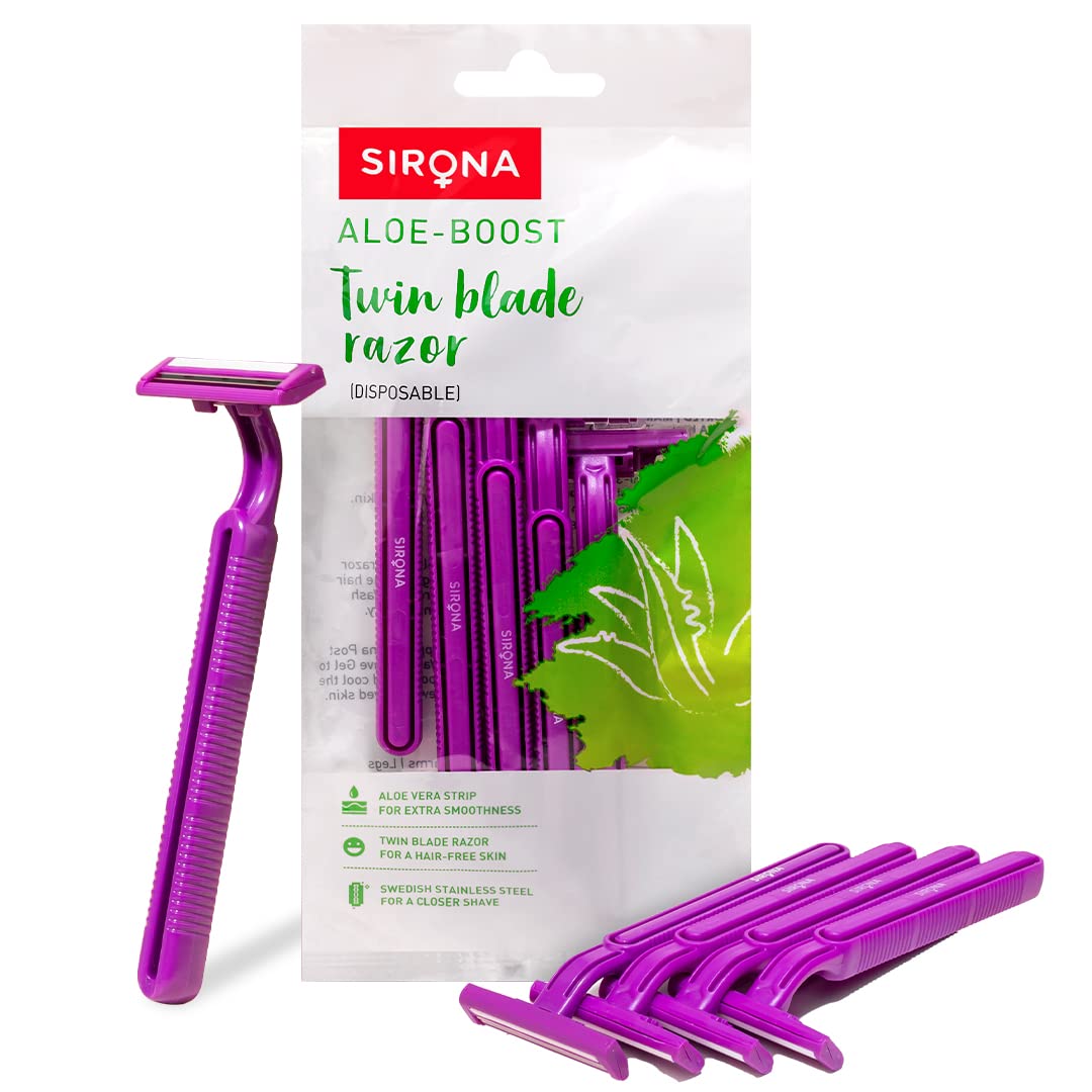 Sirona - Pack of 5 - Disposable Hair Removal Razor for Women | Aloe Boost | for Arms, Legs & Bikini Line | 2 Blade Shaving Razor