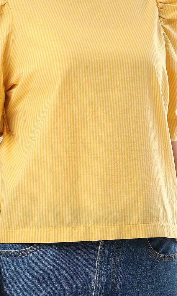 بلوزات راڤين قطنية بأكمام منفوخة مخططة للنساء - أصفر