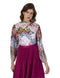 Splash Smart Floral Pattern Key Hole Back Long Sleeves Crew Neck Blouse For Women,Elegant floral pattern with a stylish keyhole back design.