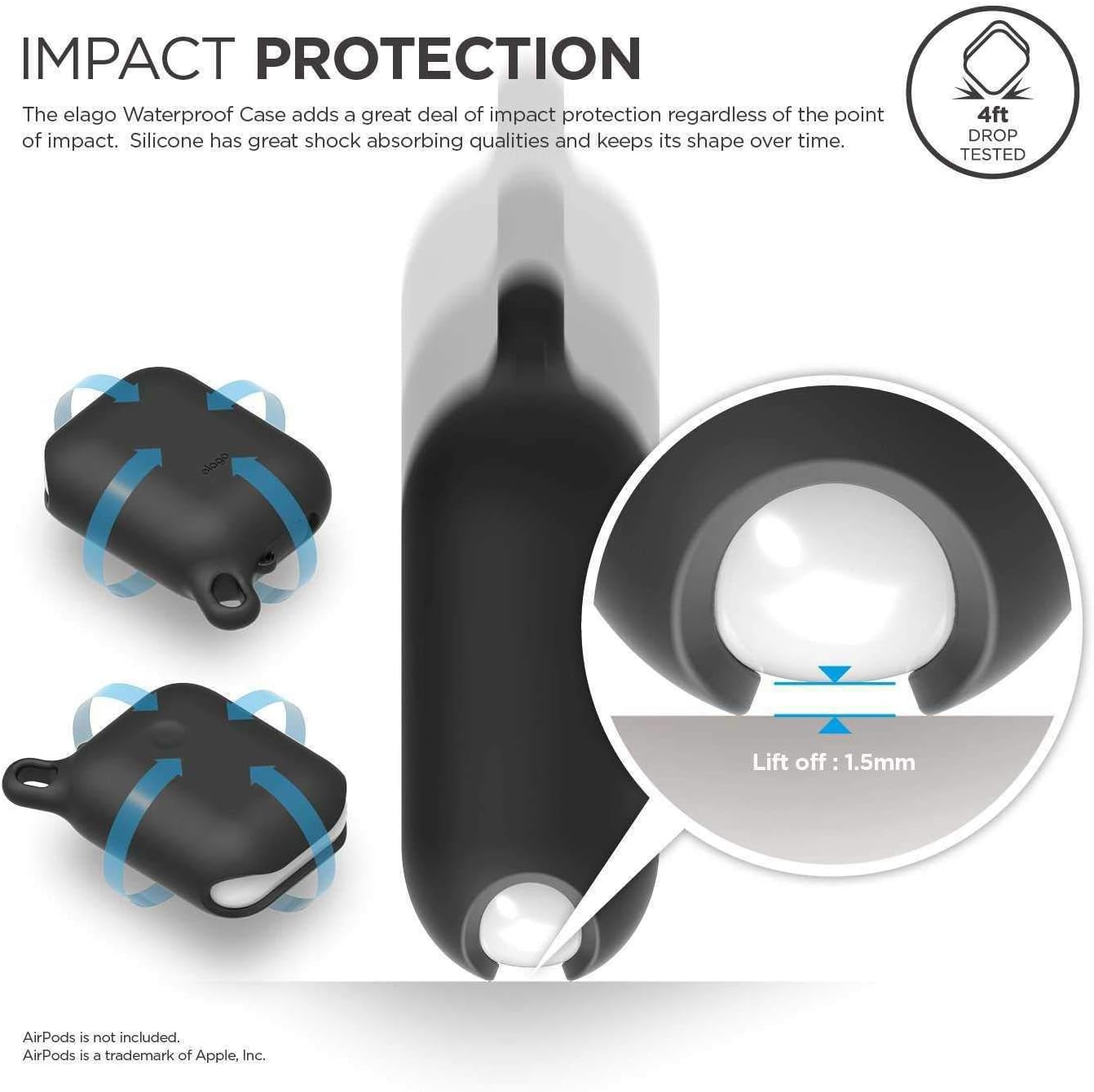 جراب ELAGO المقاوم للماء AirPods المعلقة - أسود