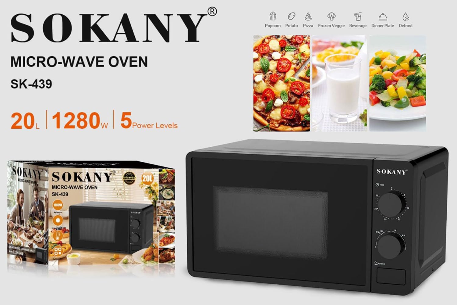 Sokany SK-439 1280W Microwave Oven, 20 Liter Capacity Safety lock feature prevents accidental operation, especially around children