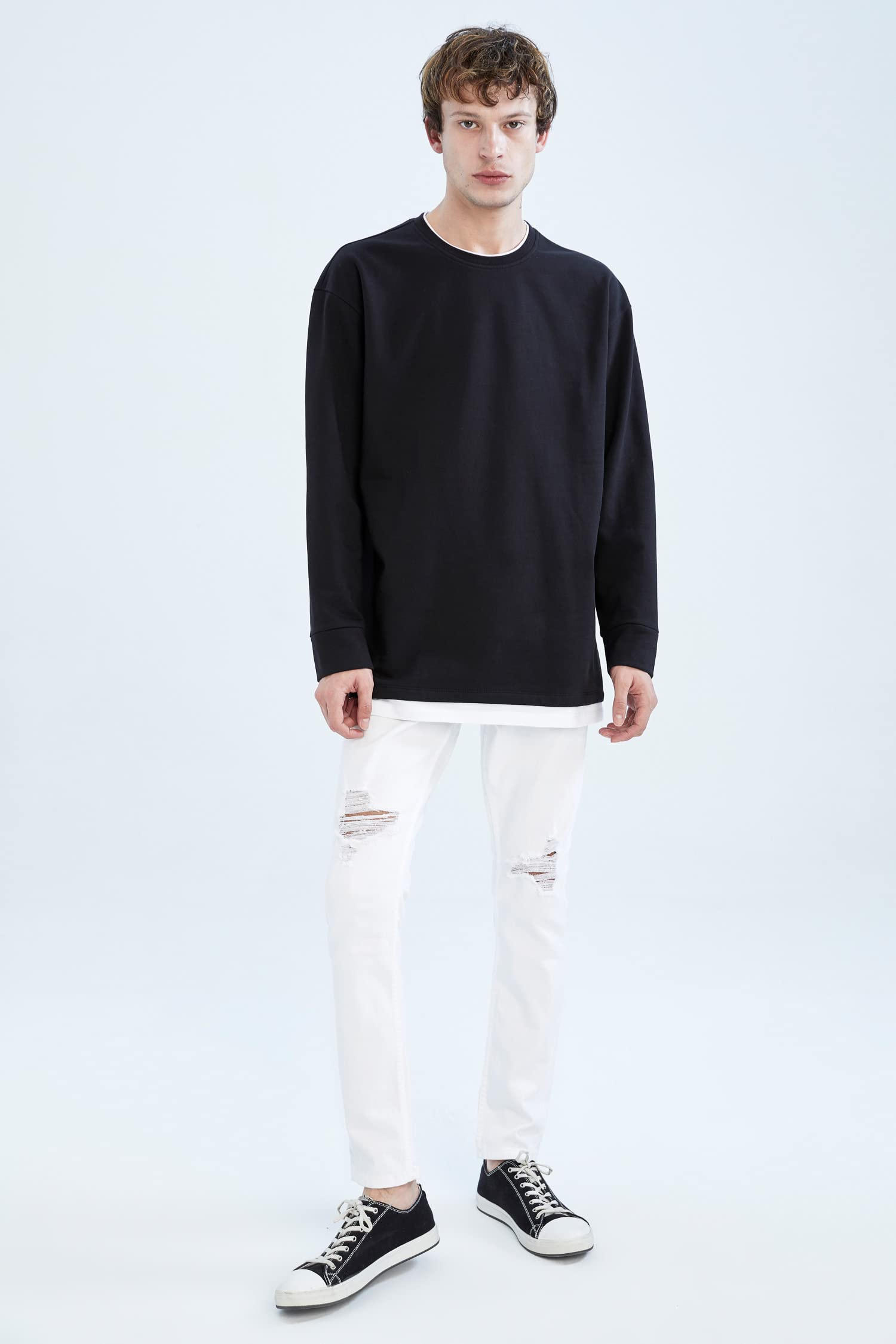 DeFacto mens Oversize Fit Long sleeve crew white line neck Sweatshirt