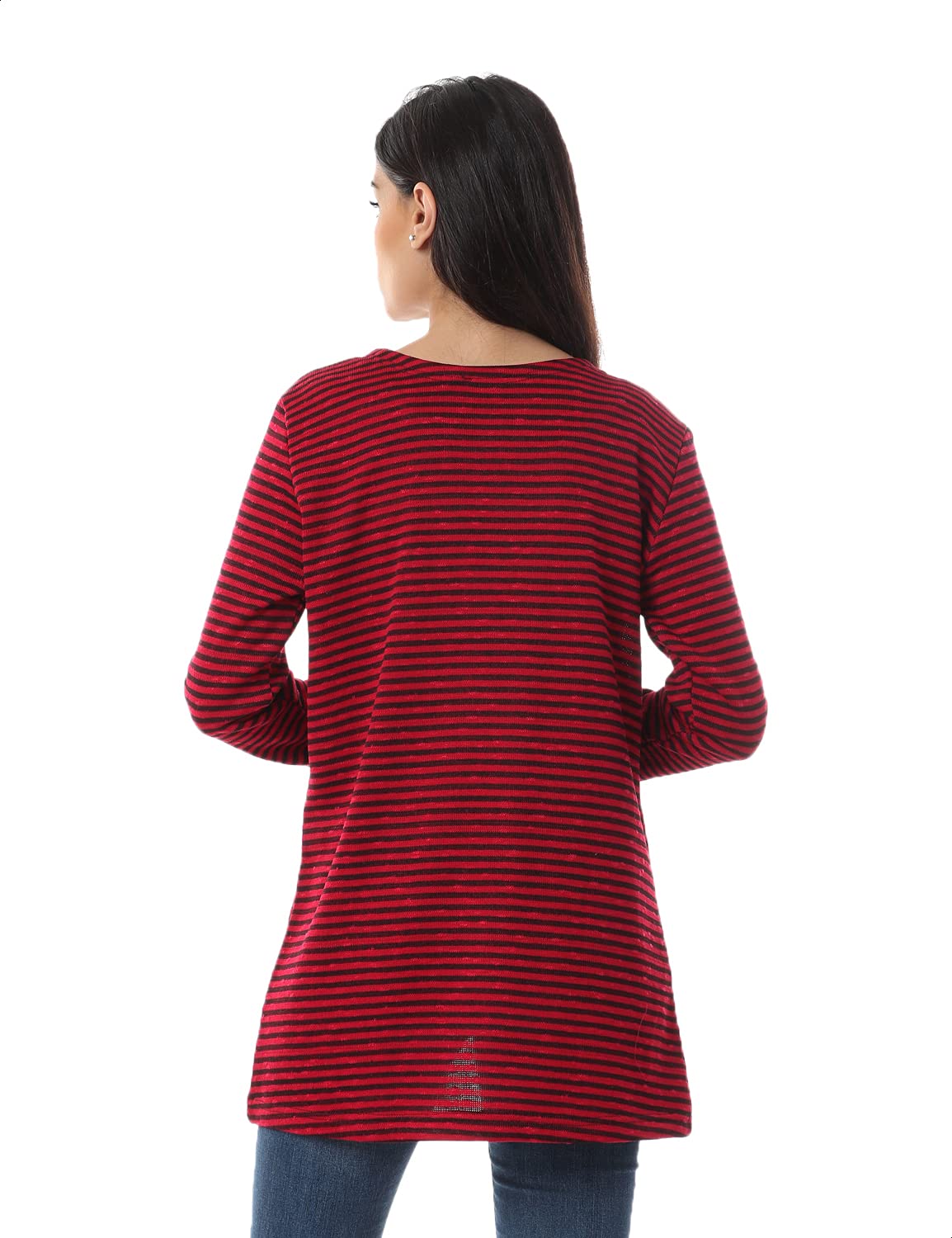 Jamila Women Hairline Stripes Front Pockets Long Sleeves Open Cotton Cardigan