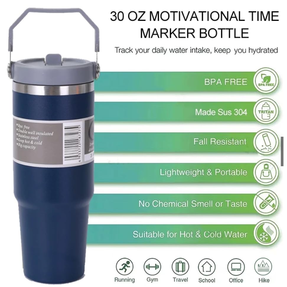 فافريا 890ML كوب مع مصاصة غطاء قابل للطي مقاوم للتسرب/مقبض يد كوب سيارة مفرغ من الهواء من الفولاذ المقاوم للصدأ جدار مزدوج معزول زجاجة ماء للسفر/أكواب قهوة للسفر كوب مع غطاء (أسود)