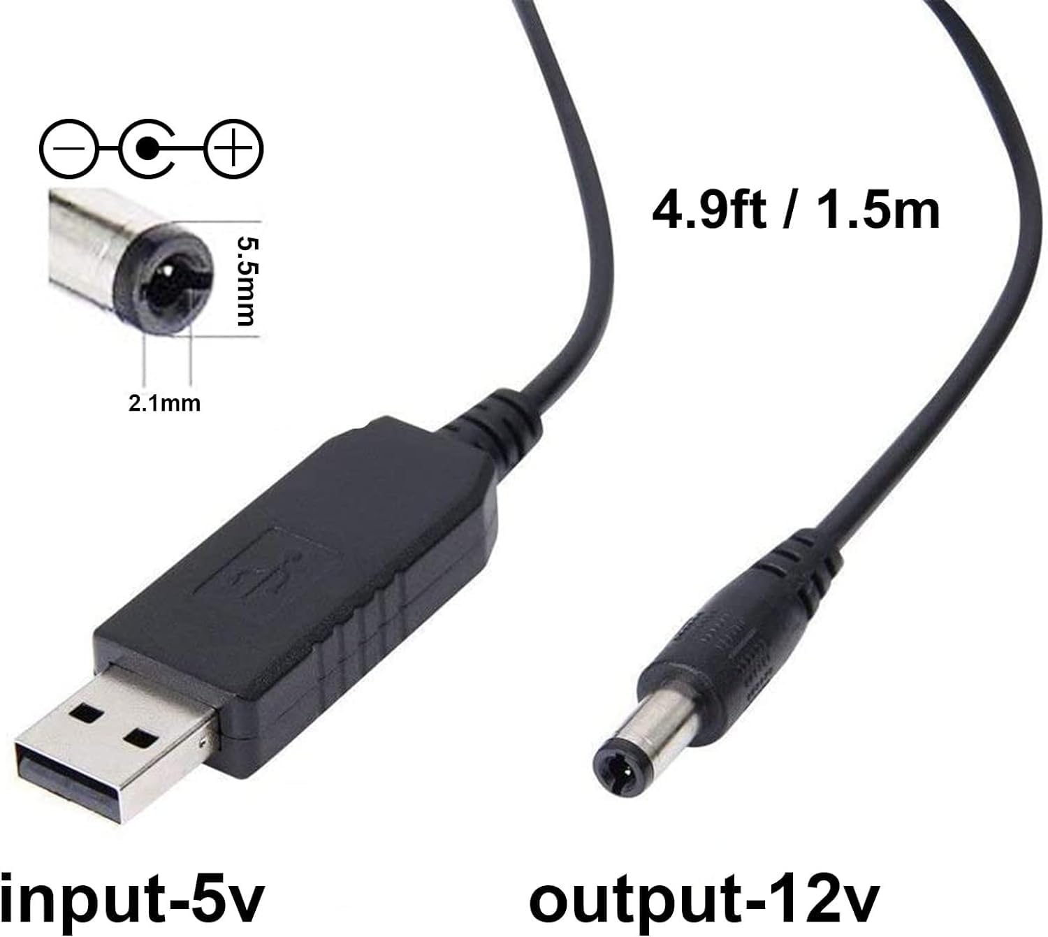 GE USB DC 5V to 12V Step Up Power Cable Power Supply USB Cable with DC Jack 5.5 x 2.1mm for Fan Led Light Router Speakers(1M)