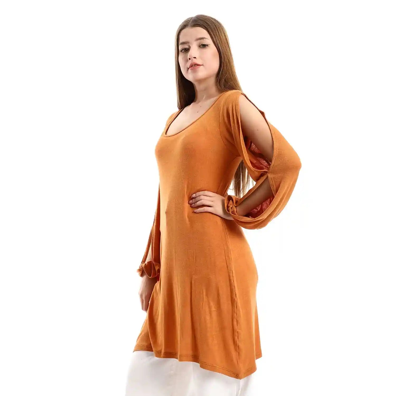 JAMILA Women Wide Round Collar Tunic With Sided Sleeves Slits TUNIC - Safqqa Egypt