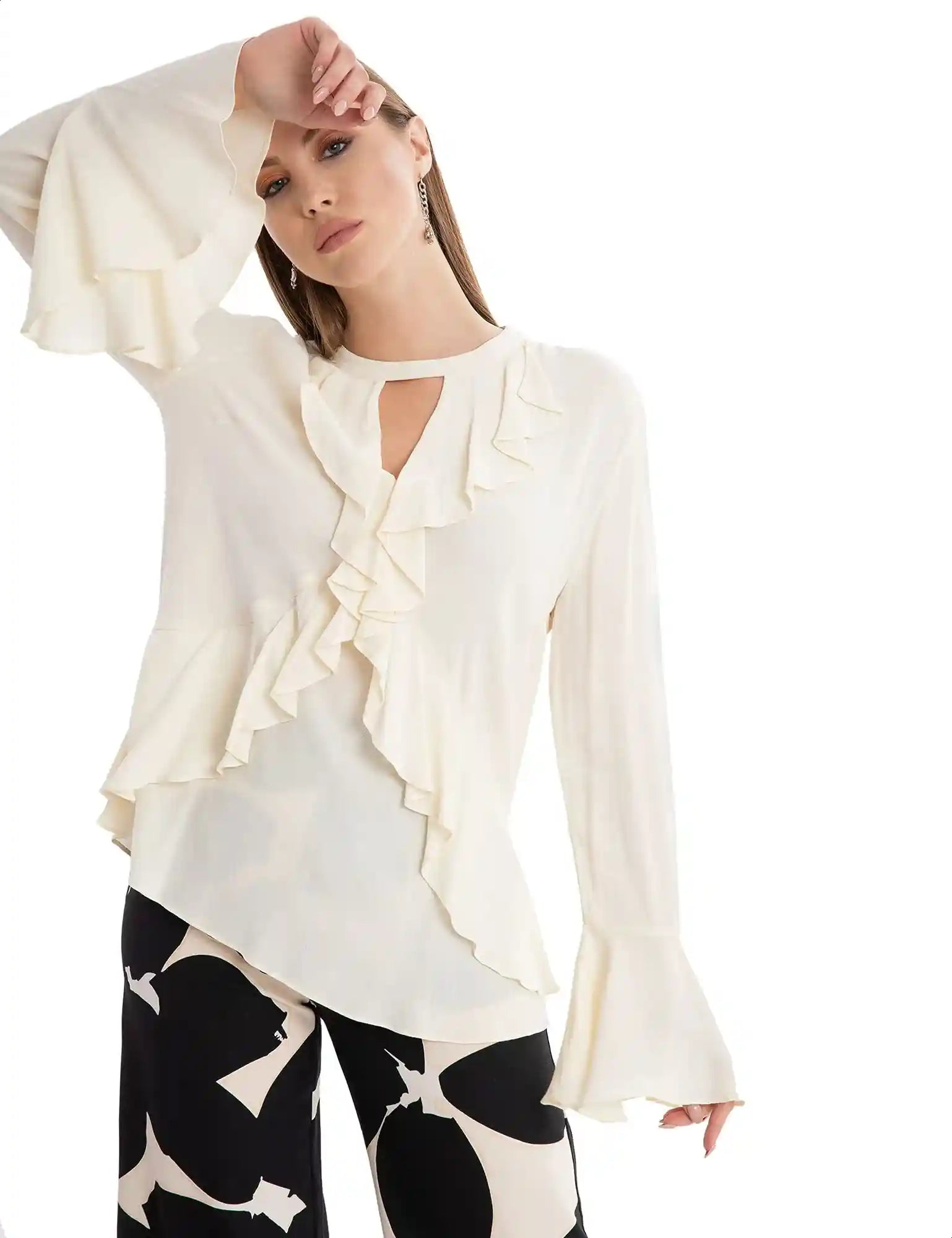 Dalydress Keyhole-Front Bell Sleeves Ruffled Blouse for Women - Safqqa Egypt