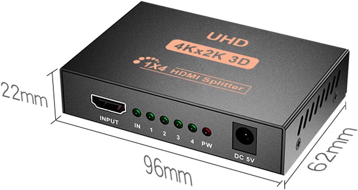 RUMANLE HDMI Splitter 1 in 4 Out, 4K Ultra HD 3D 1080p 2160p, Supports High Resolutions, 1 Source to 4 Displays Simultaneously Ideal for home entertainment, office use, classrooms, and exhibitions