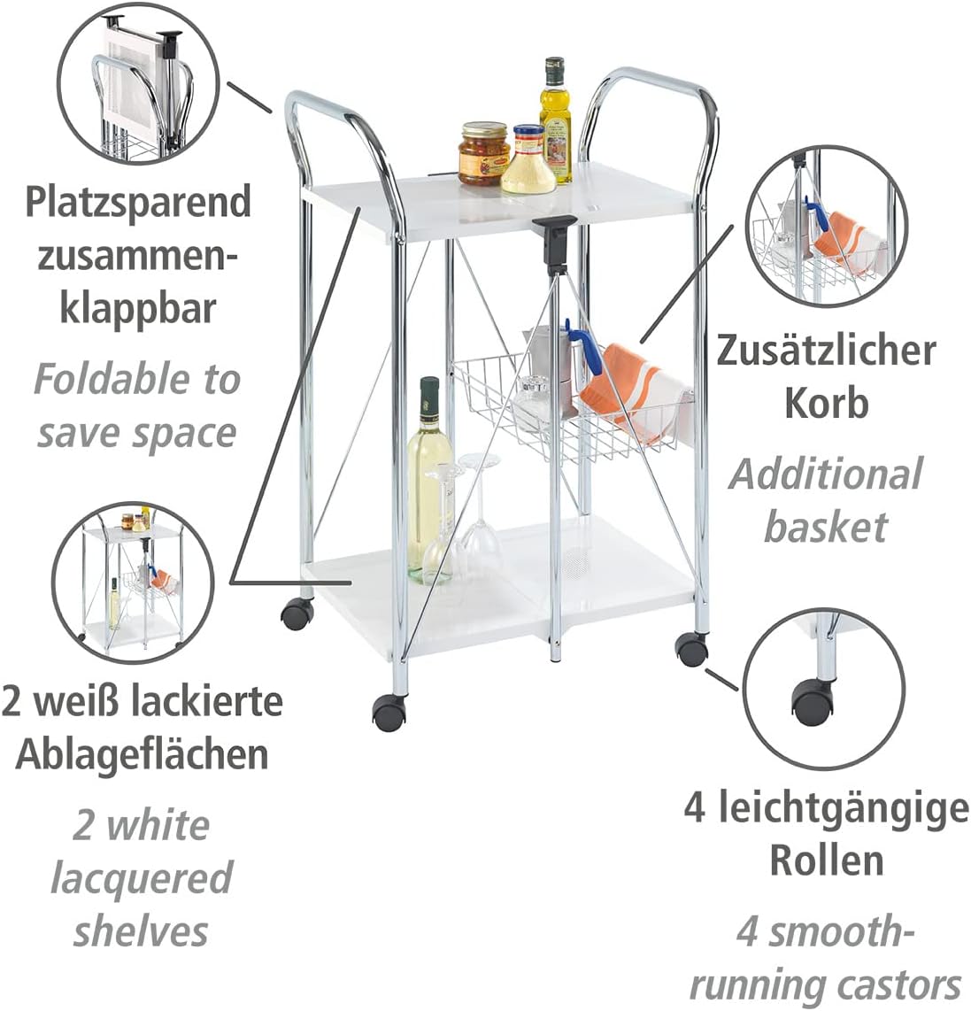 WENKO 3 Tier, Rolling Organizer, Storage Wheels, Metal cart, White