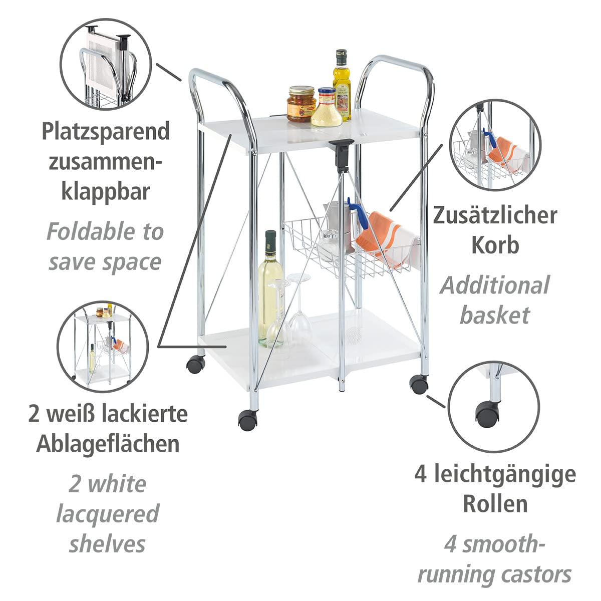 WENKO 3 Tier, Rolling Organizer, Storage Wheels, Metal cart, White