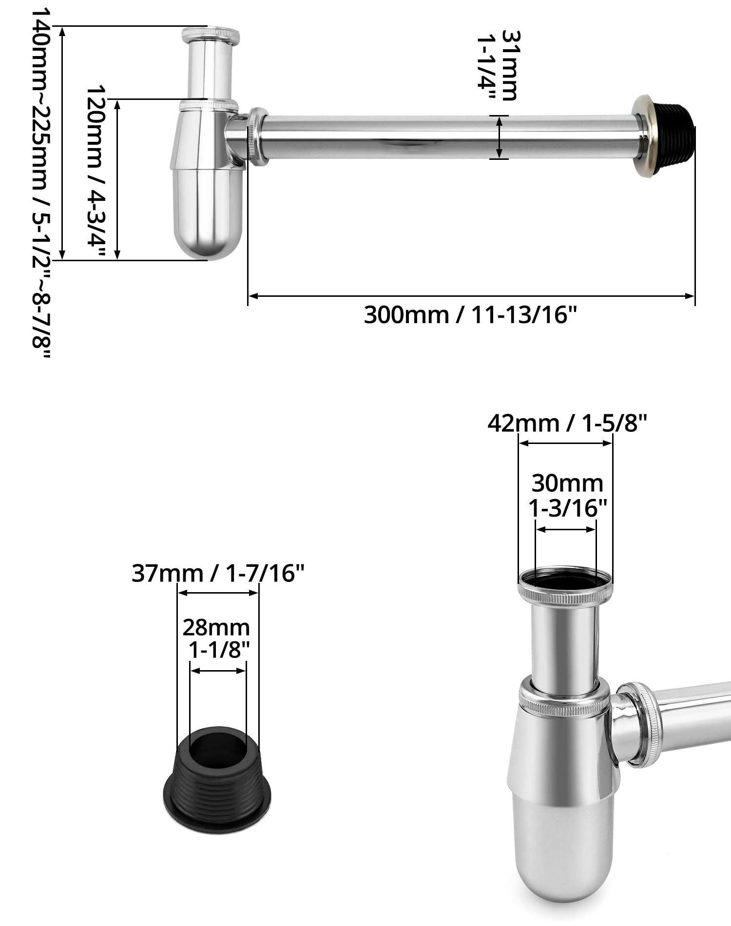 QWORK  Bathroom Sink Drain Kit, 1-1/4" Slip Inlet, 1-5/8" Joint Out, Universal Round P Trap Waste Pipe, 1 Set