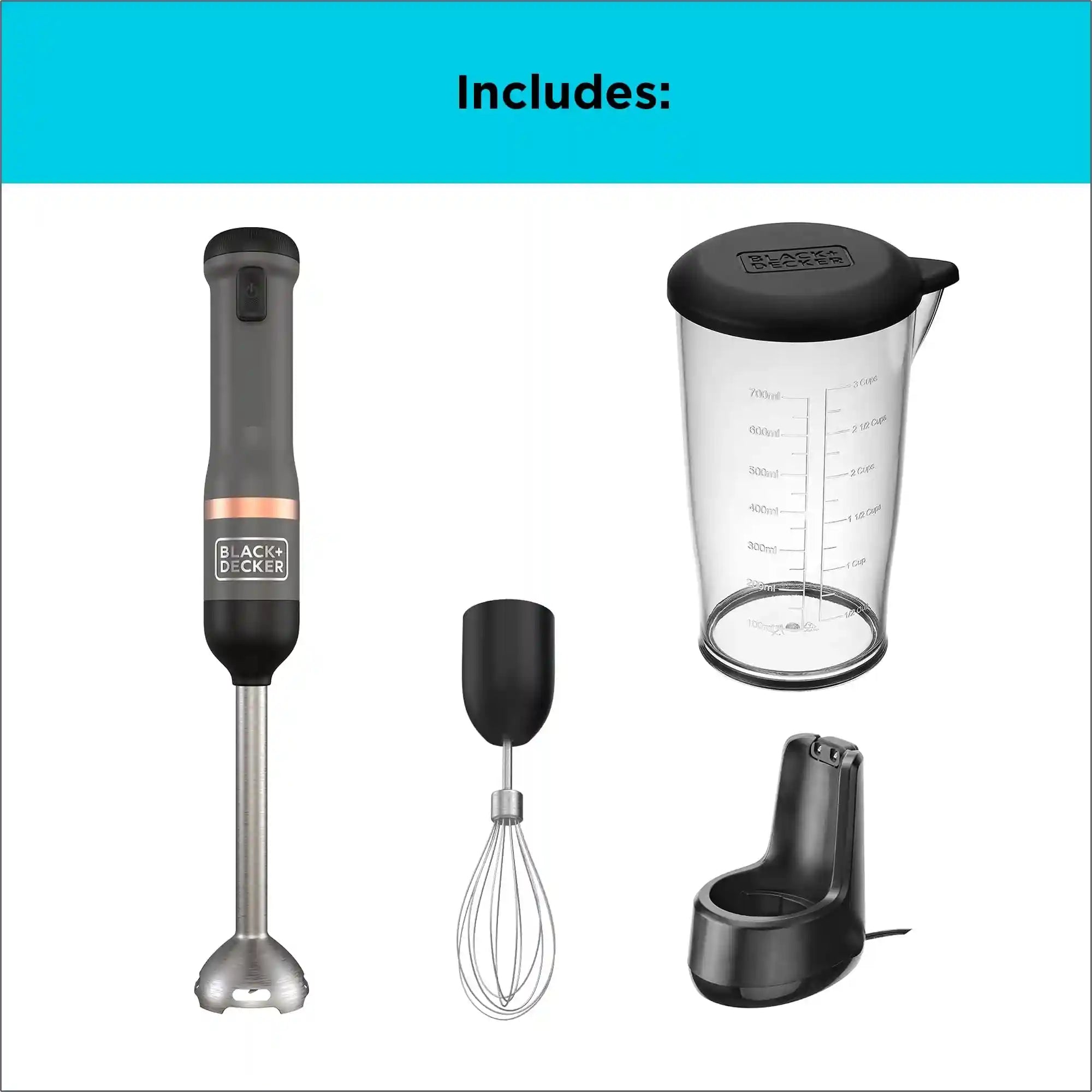 Black & Decker 7.2V Cordless Kitchen Wand/ Blender with 700ml Measuring Cup and Whisk, Includes Charging Base and Magnetic Charger, BCKM1012KB GB, Grey – Safqqa Egypt