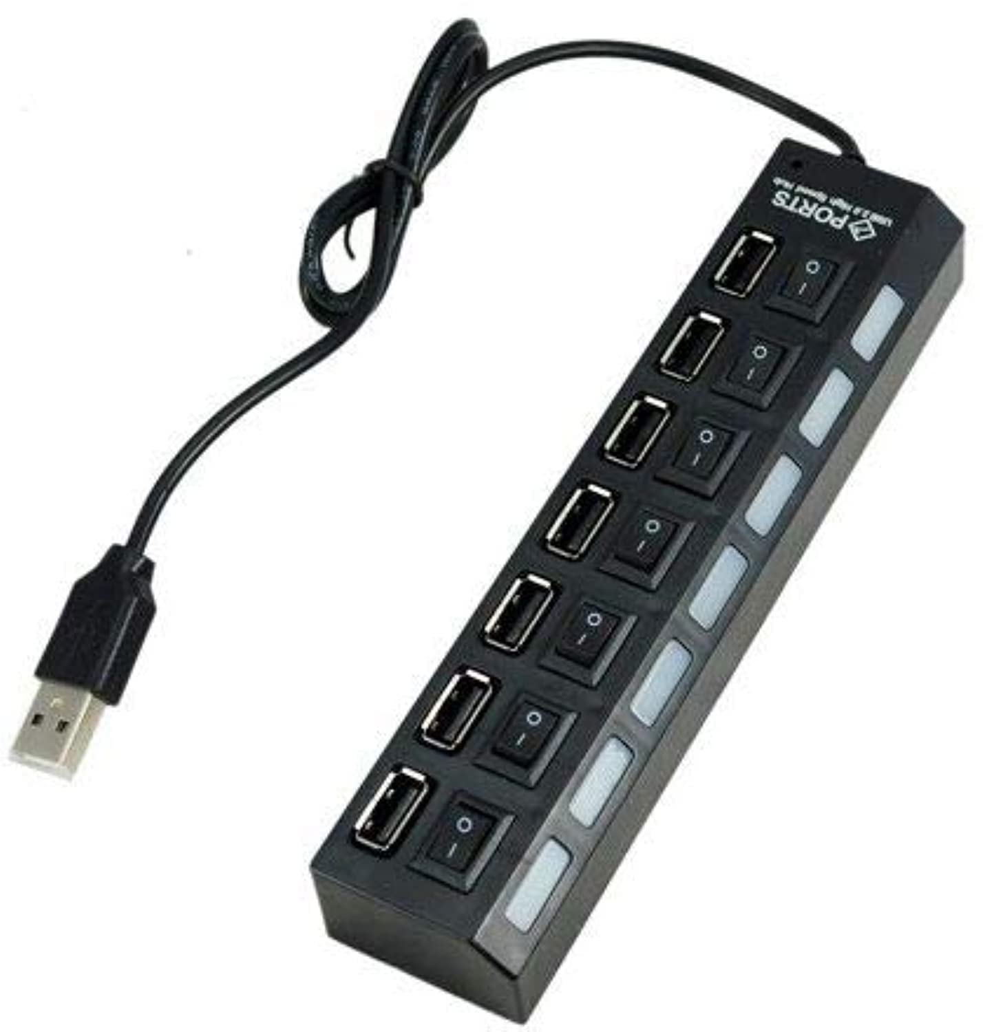 موزع USB بـ 7 منافذ 2.0 مع مفاتيح تشغيل وإضاءة LED – أسود متوافق مع الكمبيوتر واللابتوب.