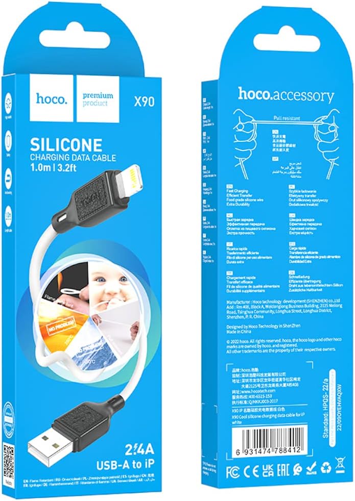 Hoco X90 Cool Silicone Charging & Data Cable – 2.4A – 1M – USB-A to Lightning