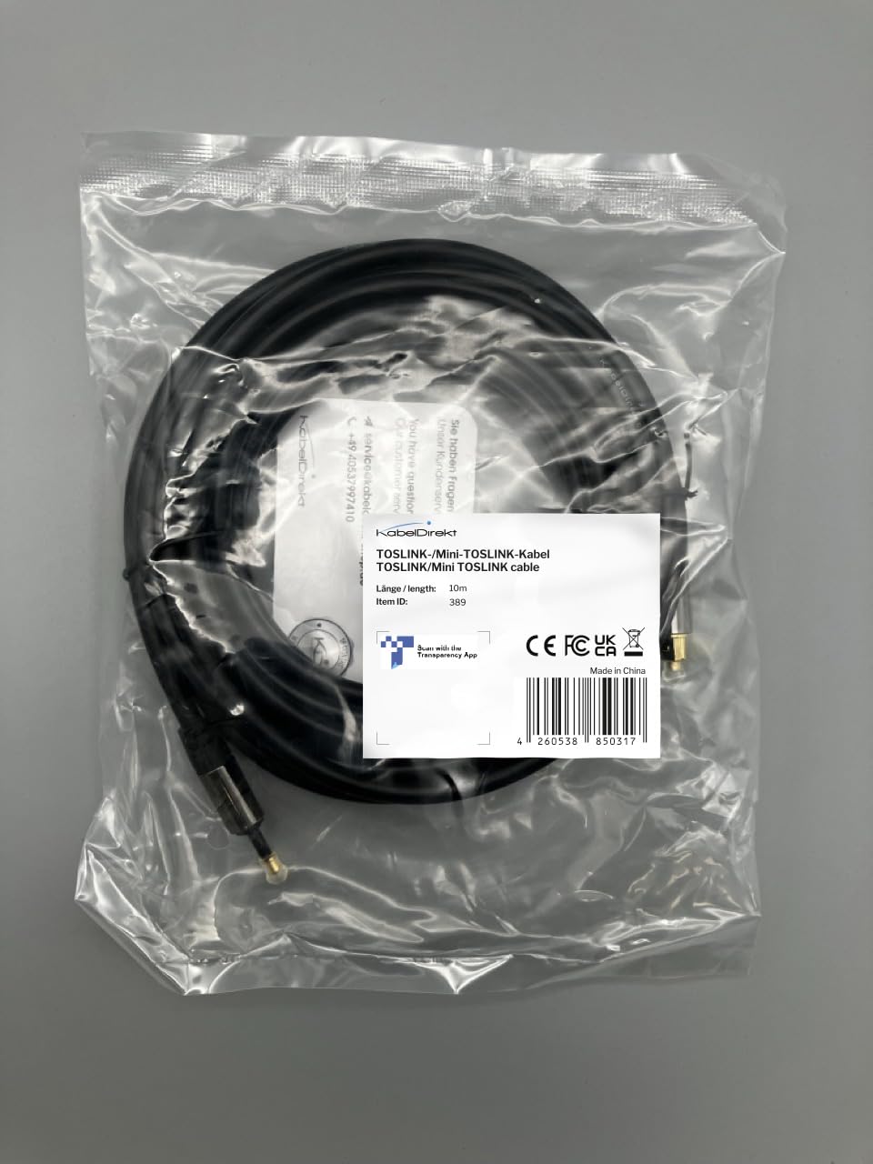 KabelDirekt 389 10m Mini-TOSLINK cable (digital audio cable, optical, TOSLINK to Mini-TOSLINK, fiber optic, transmits digital signals TVs/amplifiers/Hi-Fi systems) black