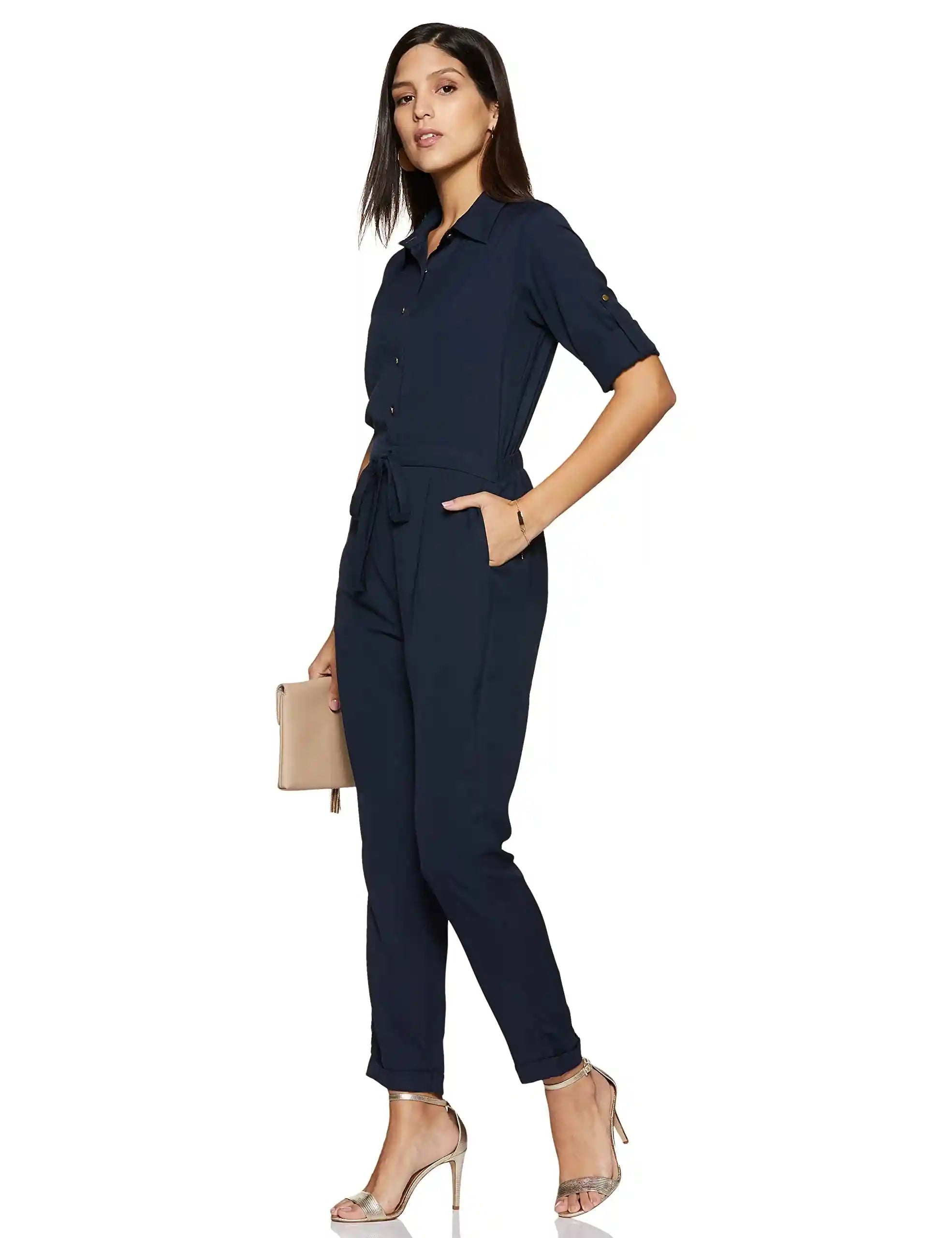 Miss Olive Women's Regular Fit Shirt Style Solid Jumpsuit
