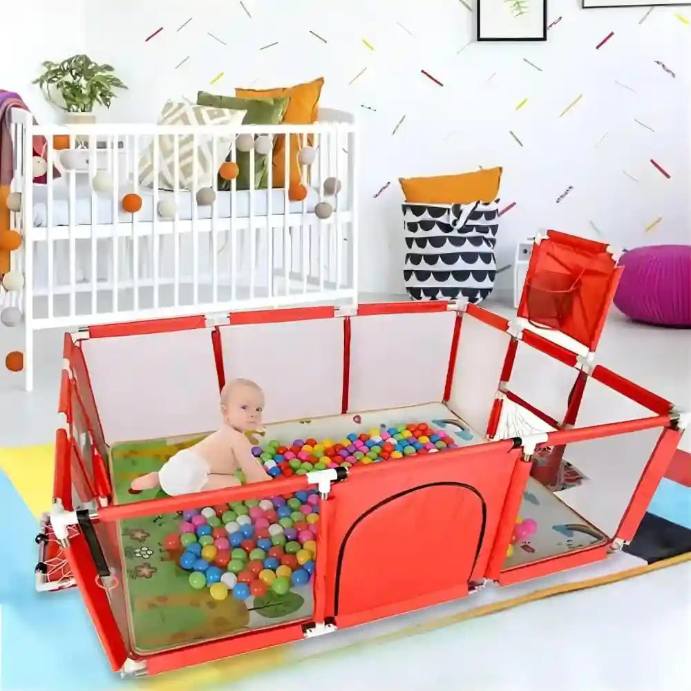 Fantastic-Kids-Toys Large Playpen for Toddlers, Durable Ball Pit, Playpen with Basketball Hoop, Indoor and Outdoor Activity Center, Safety Gates, 50 Balls 182 x 122 x 64 cm (RED) - Safqqa Egypt