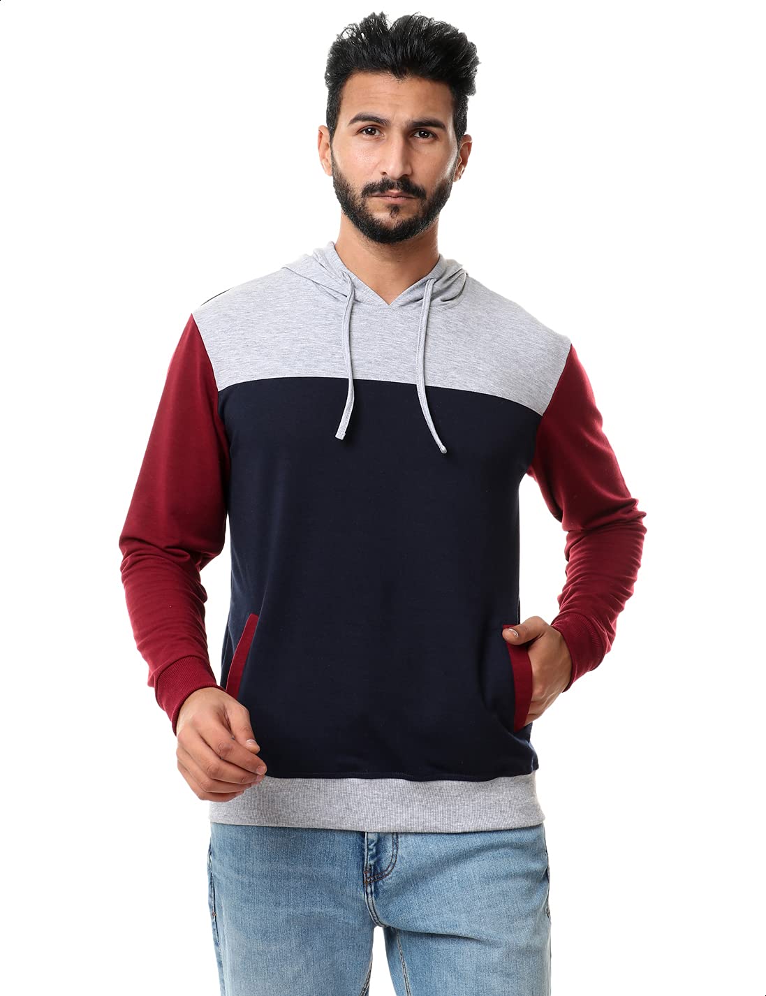 Off Cliff Color Block Side Pockets Ribbed Trims Hoodie For Men,Perfect for casual outings, sports, or outdoor activities.