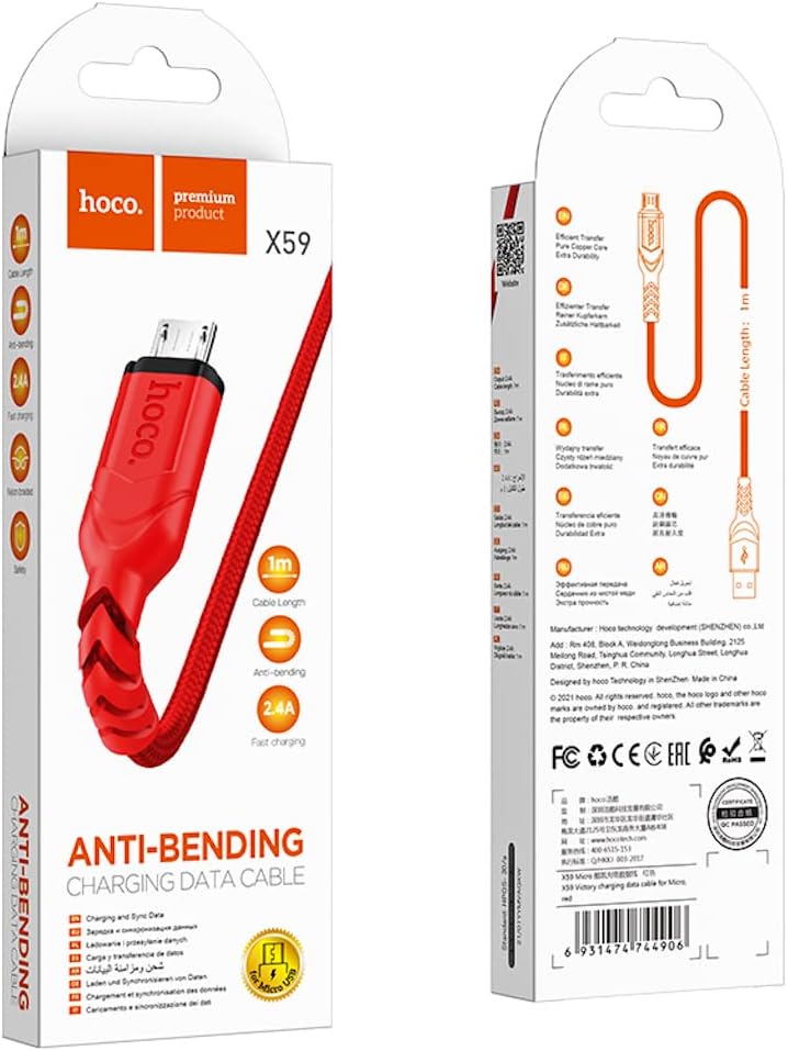 Hoco X59 - Victory Charging And Data Transmittion Cable (2.4A - 1M), USB-A To Micro-USB Plug, Compatible With Samsung Huawei Xiaomi Oppo - Red