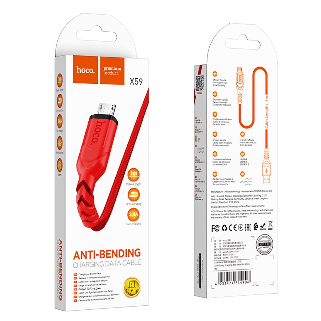 Hoco X59 - Victory Charging And Data Transmittion Cable (2.4A - 1M), USB-A To Micro-USB Plug, Compatible With Samsung Huawei Xiaomi Oppo - Red