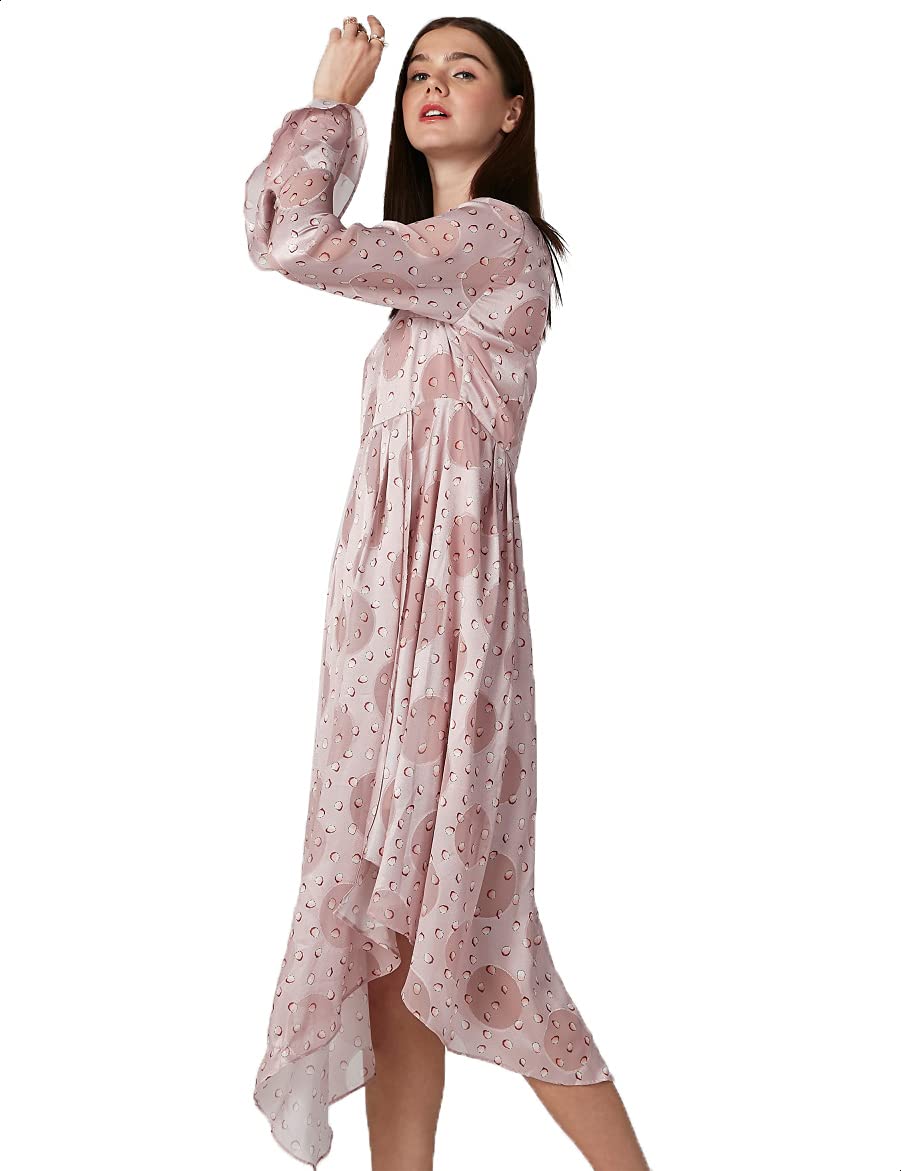 Elle Women’s Patterned V-Neck Long Sleeve Dress with Asymmetrical Hem