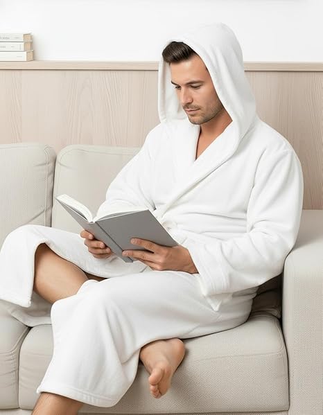 NY Threads Men's Hooded Fleece Bathrobe White