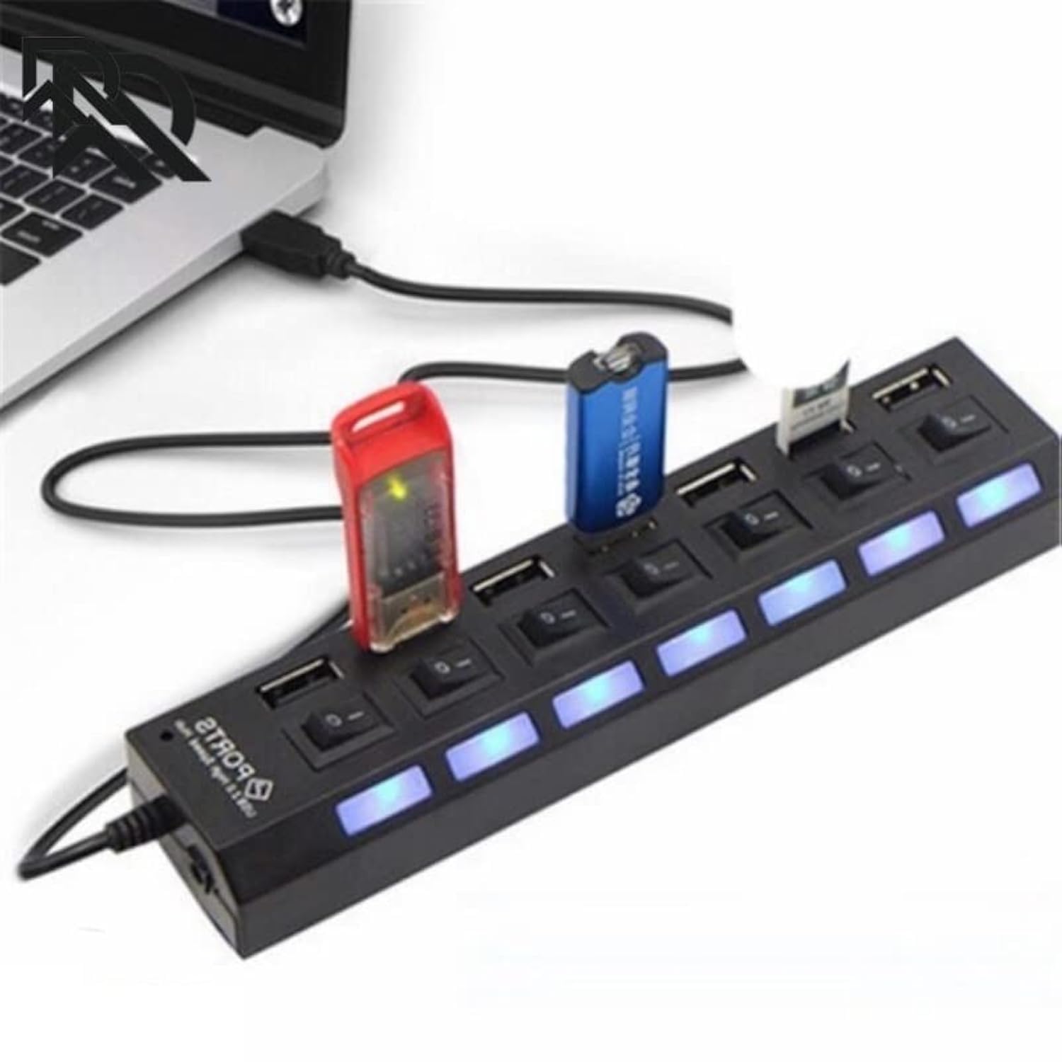 موزع USB بـ 7 منافذ 2.0 مع مفاتيح تشغيل/إيقاف منفصلة ومؤشر ضوئي – يدعم التوصيل والتشغيل الفوري. متوافق مع الكمبيوتر واللابتوب