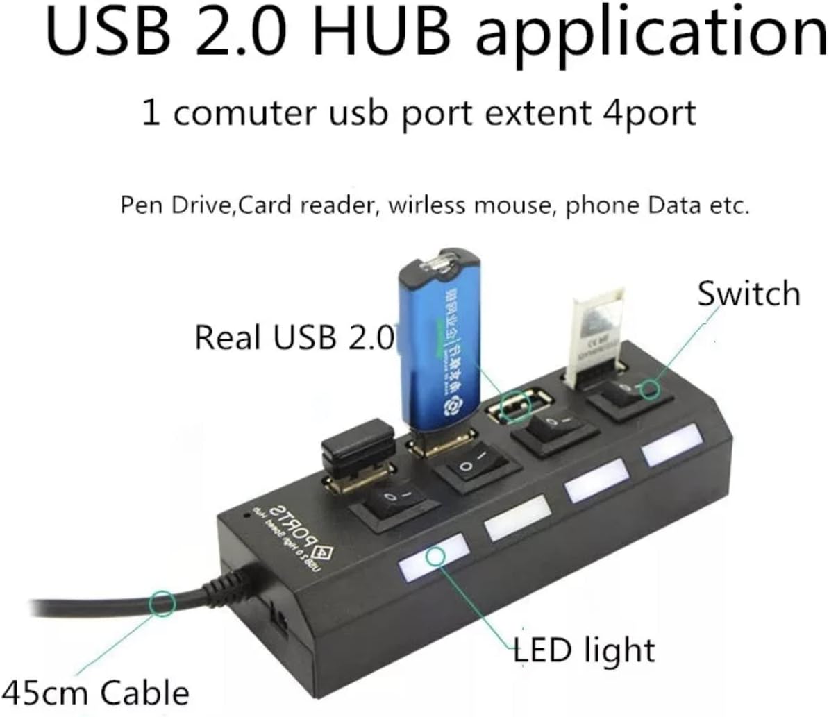 موزع USB من Essential’s بـ 4 منافذ مع مفاتيح تشغيل فردية مضيئة. متوافق مع الكمبيوتر واللابتوب