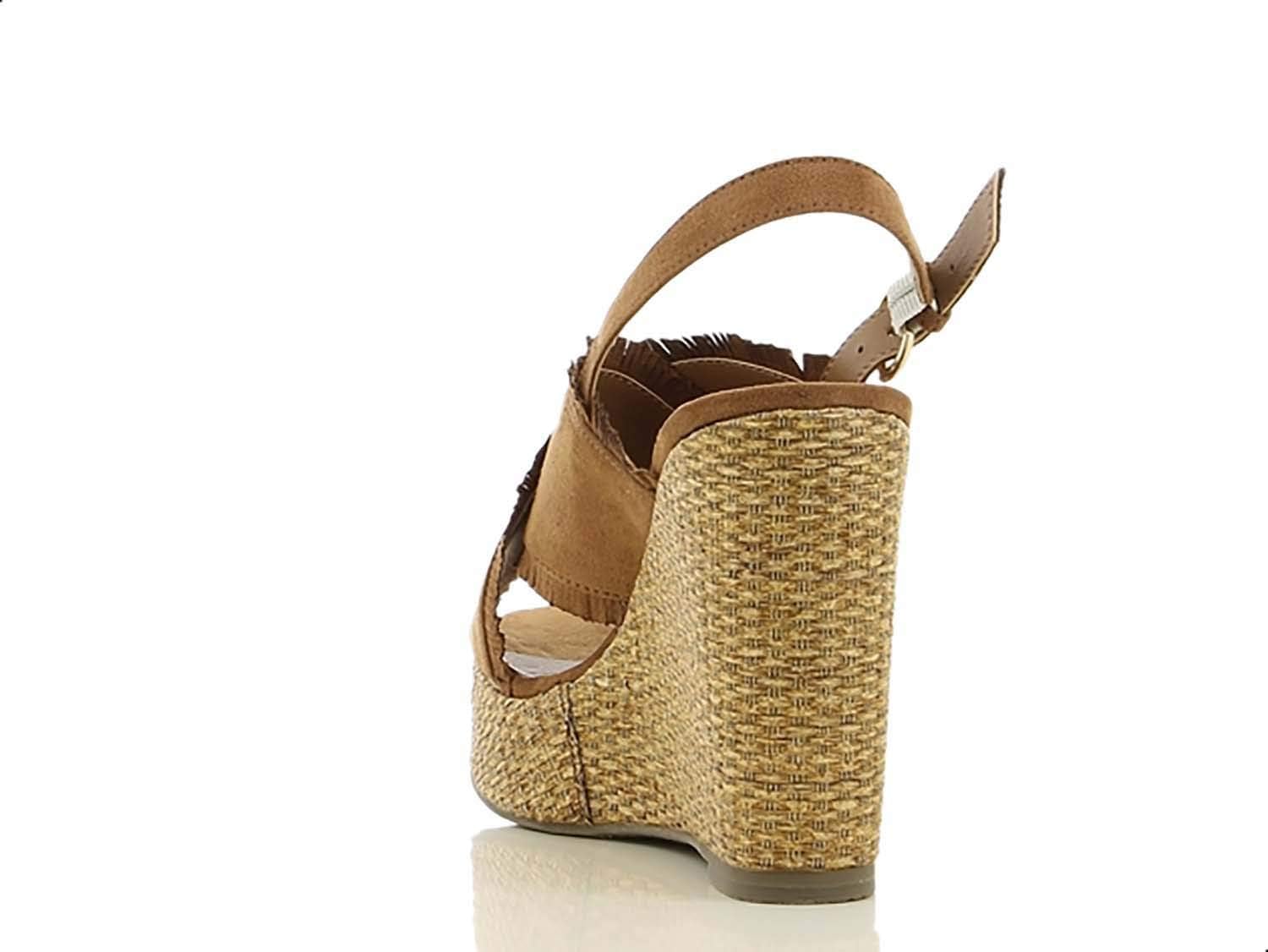 Sprox Criss Cross Strap Raffia Sole Wedge Sandals for Women - Camel