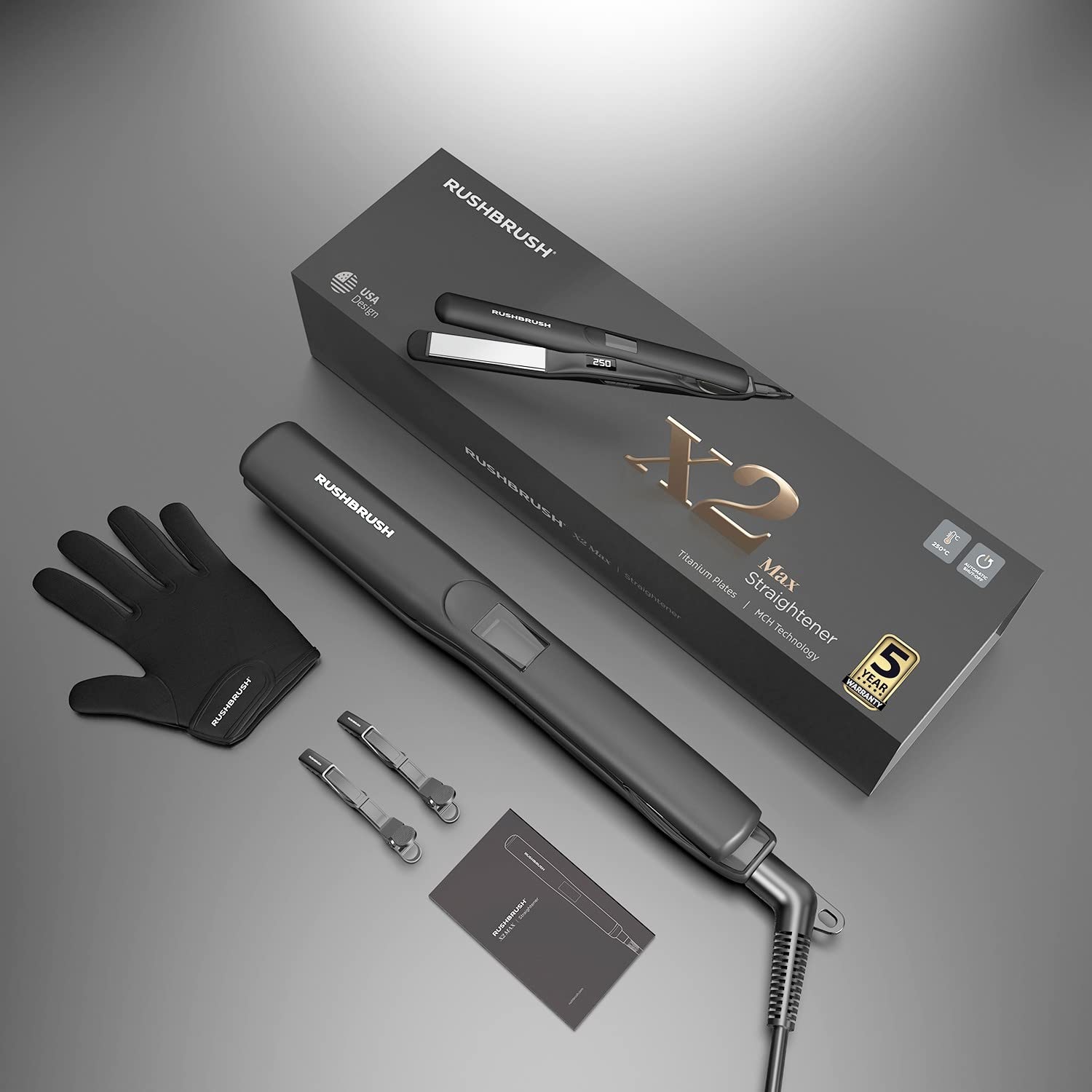 Rush Brush Straightener PurpleTitanium Plates, 250°C, 18 Heat Level, MHM Plate Fast Heating