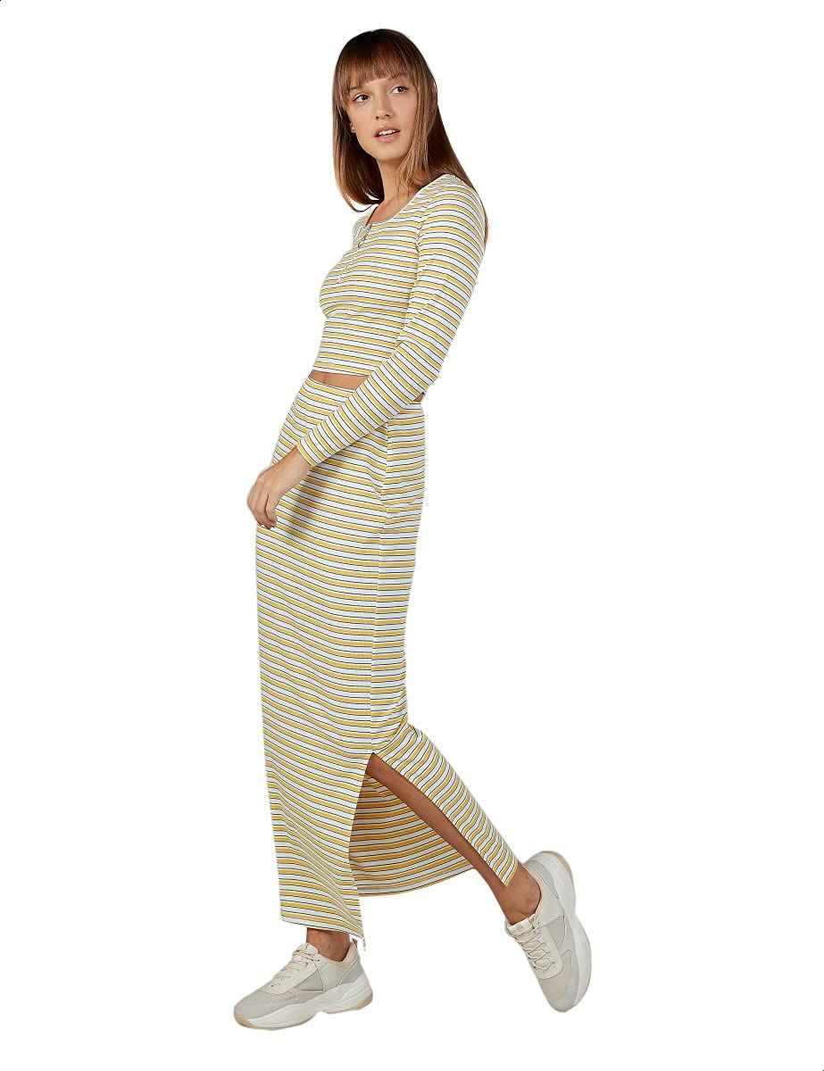 Splash Side-Slit Maxi Straight-Cut Striped Skirt for Women - Yellow and White