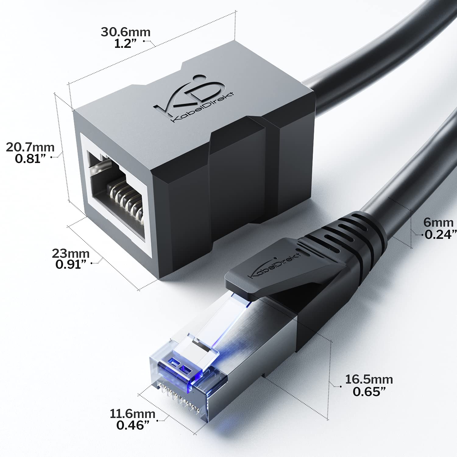 KabelDirekt â€“ 0.25m â€“ LAN & Ethernet extension cable (RJ45 female coupler/male connector, extends network cables with full data transfer speed â€“ CAT 7, 10Gbit/s, SF/FTP shielding, black)