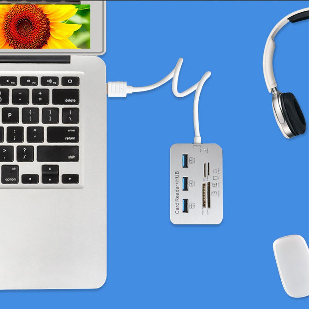 ERCRYSTO USB3.0 Card Reader and 3 Ports USB Hub, High Speed External Memory Card Reader (MS, Micro SD,SD/MMC,M2,TF Card)