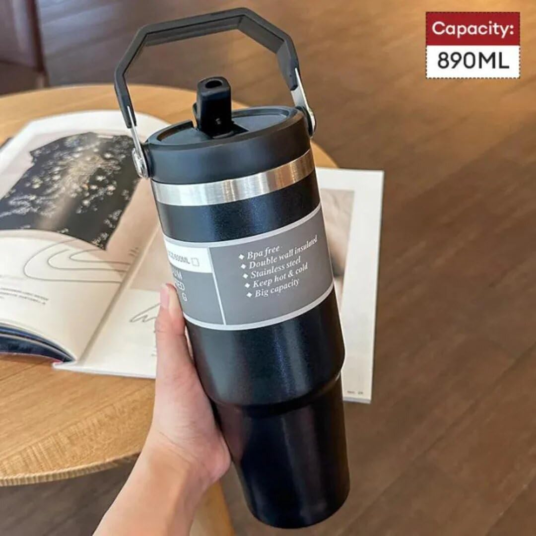 فافريا 890ML كوب مع مصاصة غطاء قابل للطي مقاوم للتسرب/مقبض يد كوب سيارة مفرغ من الهواء من الفولاذ المقاوم للصدأ جدار مزدوج معزول زجاجة ماء للسفر/أكواب قهوة للسفر كوب مع غطاء (أسود)