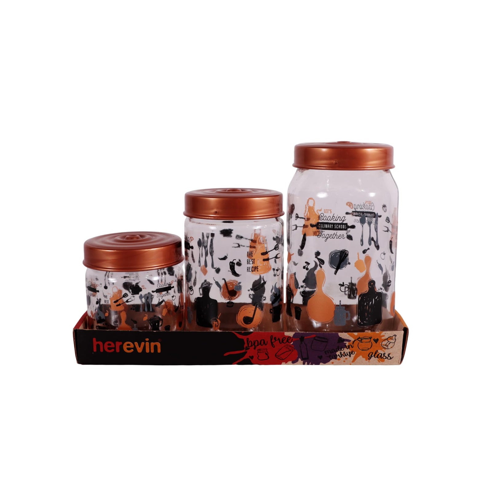 Herevin Let's Cooking Print Decorated Canister Set 3-Pieces, 425, 660 and 1000 ml Capacity, Gold