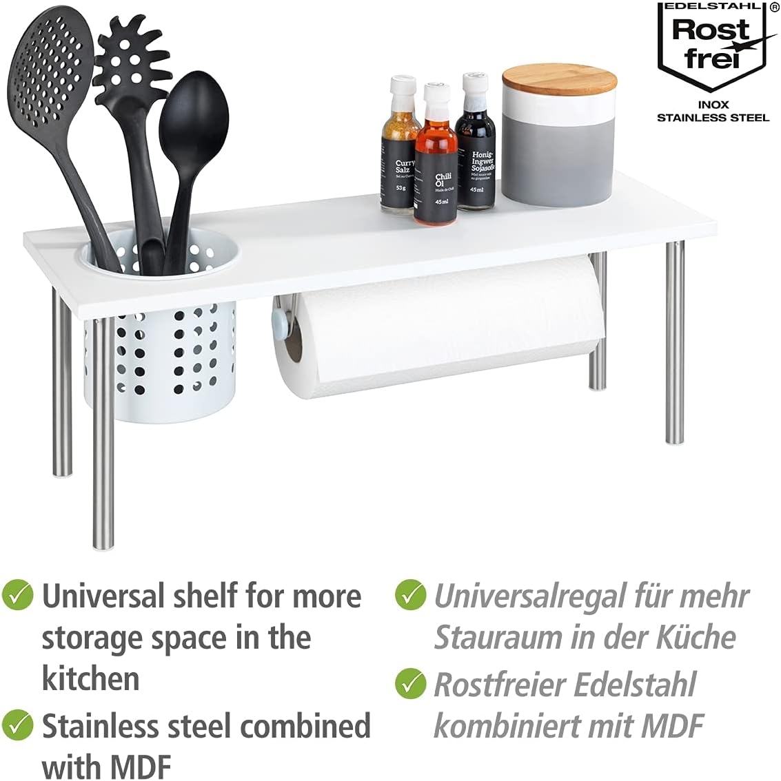 WENKO Blanco Kitchen Shelf with Roll and Utensil Holder, 55x21x18cm