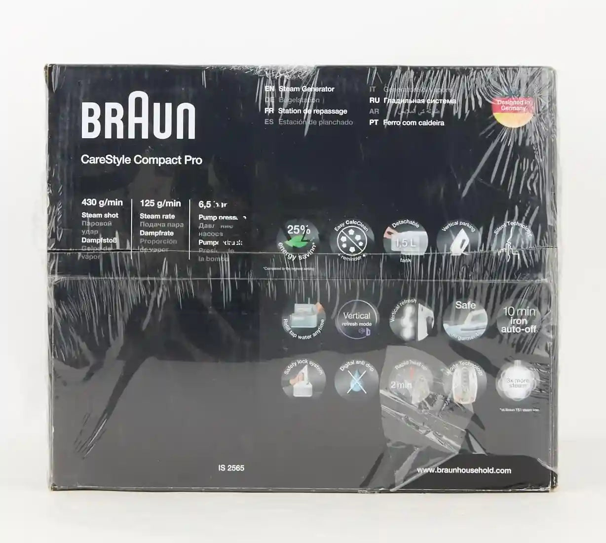 Braun CareStyle Compact Pro IS2565BL Steam Iron with FreeGlide 3D Technology, iCareMode, Eco & Turbo Modes, Vertical Steaming, Anti-Drip, 1.5L Water Tank, 2400W – Blue-Have Scratches - Safqqa Egypt